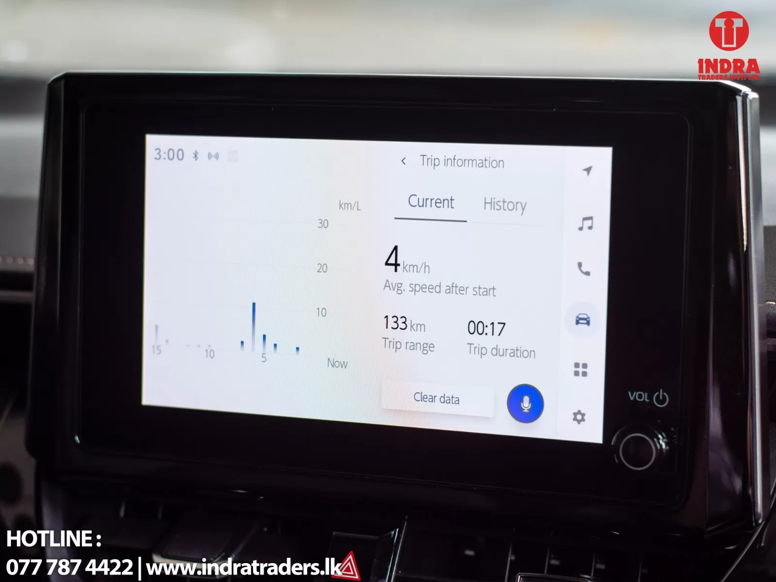 In-car infotainment screen showing trip information: current speed 4 km/h, 133 km trip distance, 00:17 trip duration, avg speed, and graph on left; Indra Traders watermark in corner.