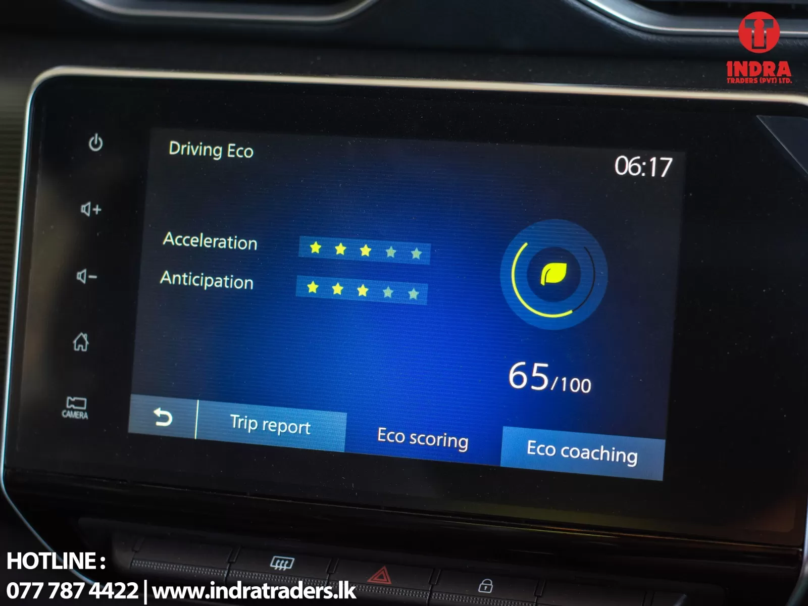 In-car display: Driving Eco with acceleration and anticipation star ratings, circular eco gauge, 65/100 score, 06:17 time, and action buttons at the bottom (Trip report, Eco scoring, Eco coaching).